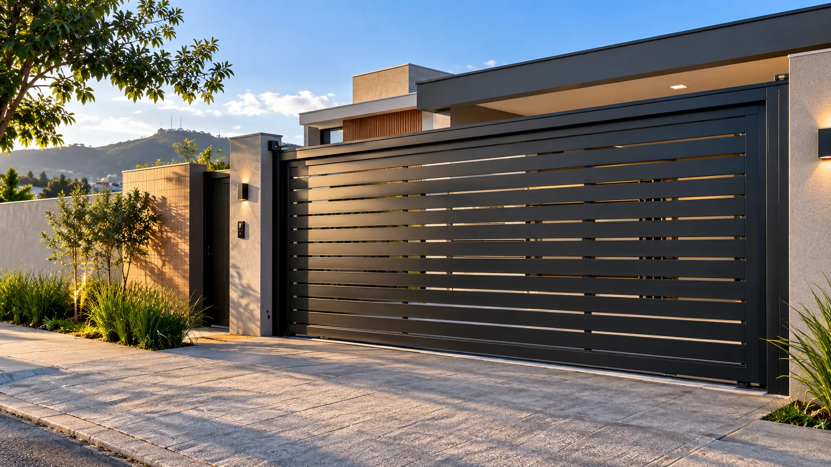 Portão deslizante moderno em fachada residencial contemporânea